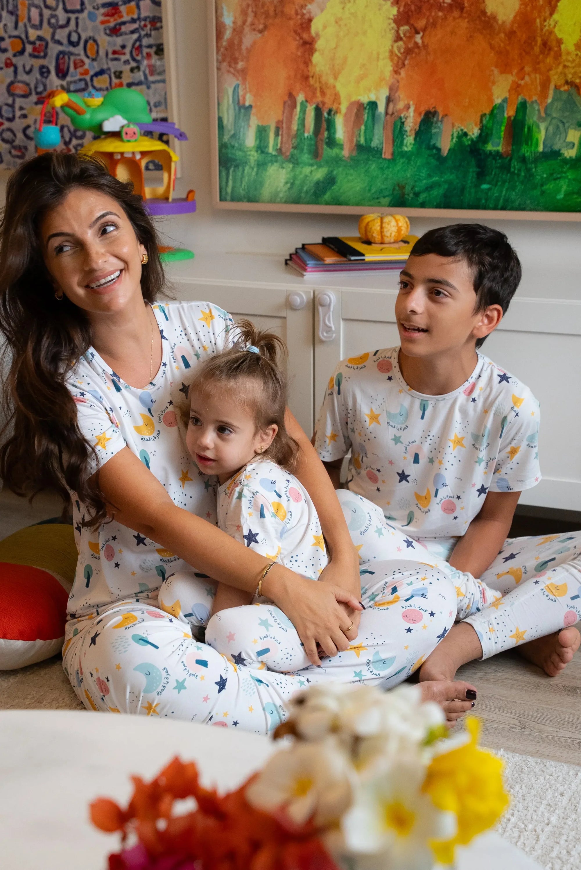 Matching bamboo pyjamas for mom and kids from Nohm Store, Dubai UAE.
