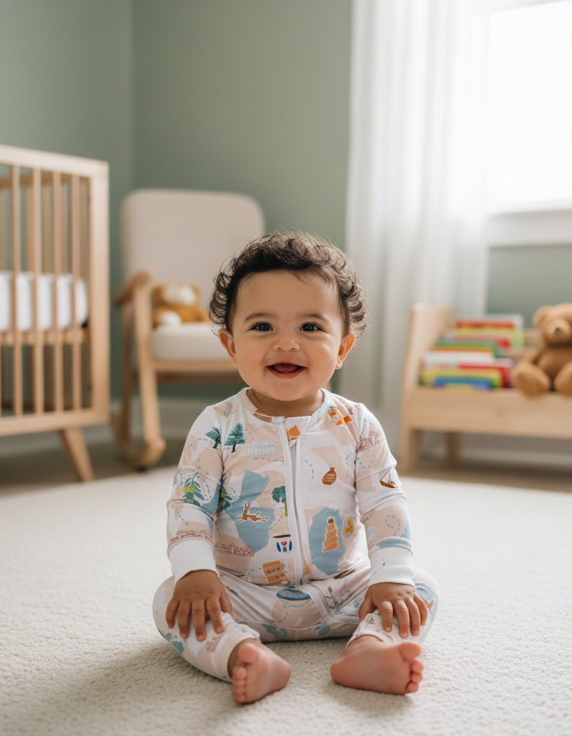Baby sitting on a carpeted floor in a nursery with a crib and books in the background.