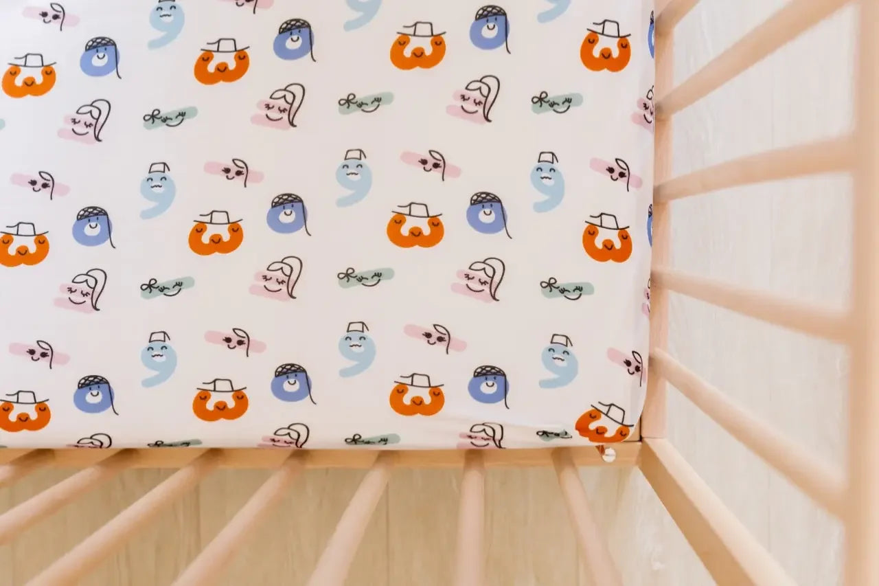 Characters fitted crib sheet from Nohm store, Arab-inspired crib sheet, ideal for babies and gifts from Dubai.