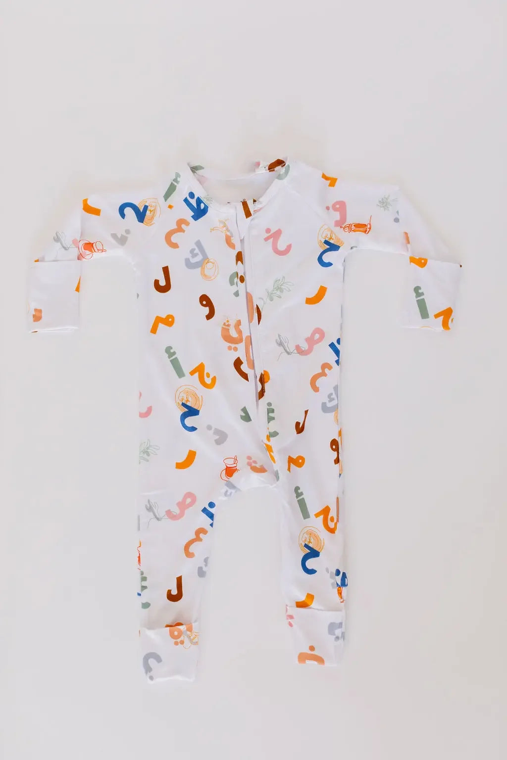 Huroof baby pyjama from Nohm store, Arabic letter-inspired pyjama, perfect for children and baby gifts in Dubai.