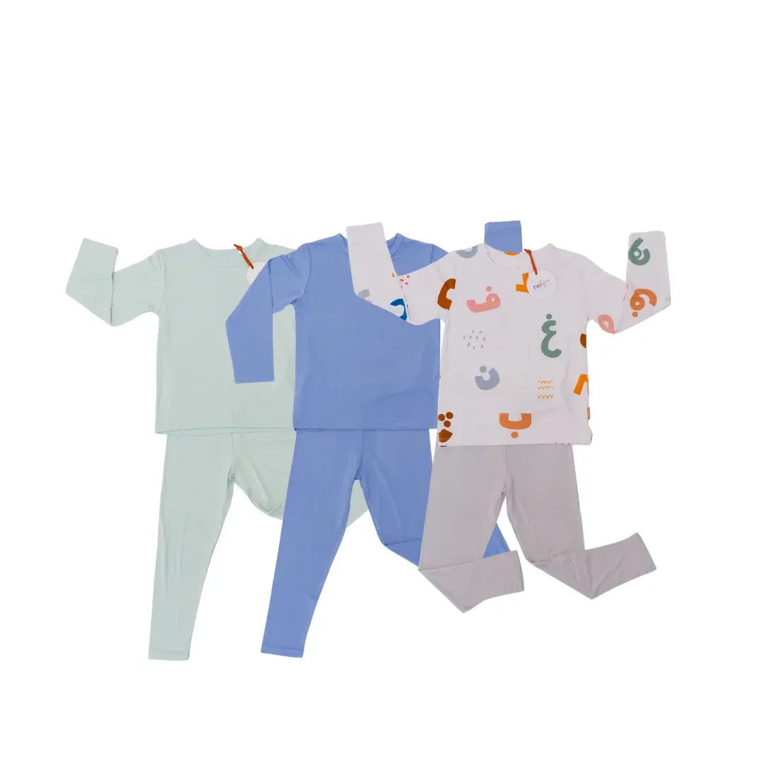 Huroof bundle of 3 for kids from Nohm store, Arabic letter-themed pyjama set, perfect for children and gifts from Dubai.