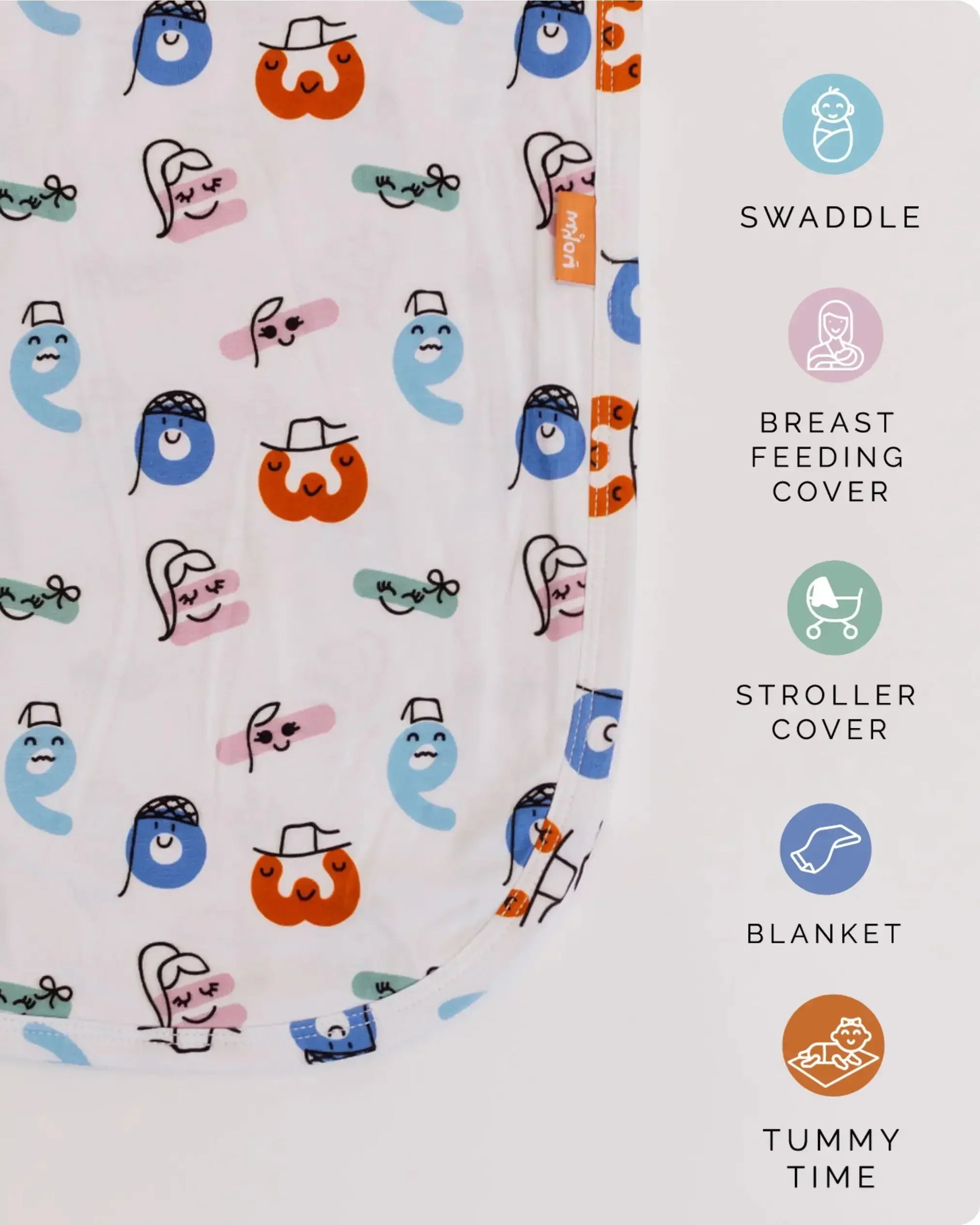 Our Nohm Tanween Baby Blanket — a soft bamboo blend blanket featuring playful Arabic-inspired prints for cozy, cultural comfort.